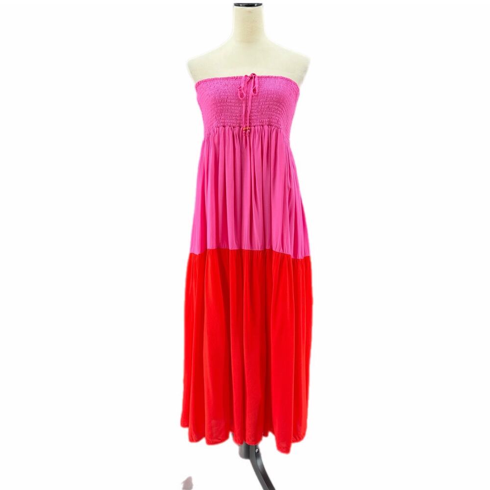 Main Strip Pink Red Colorblock Ruched Empire Waist Strapless Tie Maxi Dress